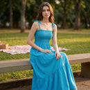 Vestido Longo Feminino Azul com Alças Finas